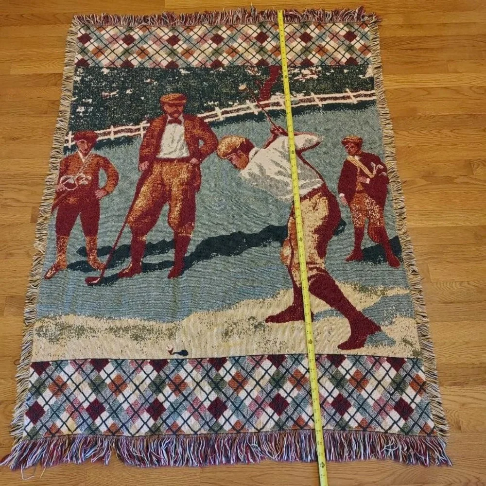 Vtg Golf Scene Woven Knit Throw Blanket Fringe Argyle Pattern 45x60” Warm Cozy